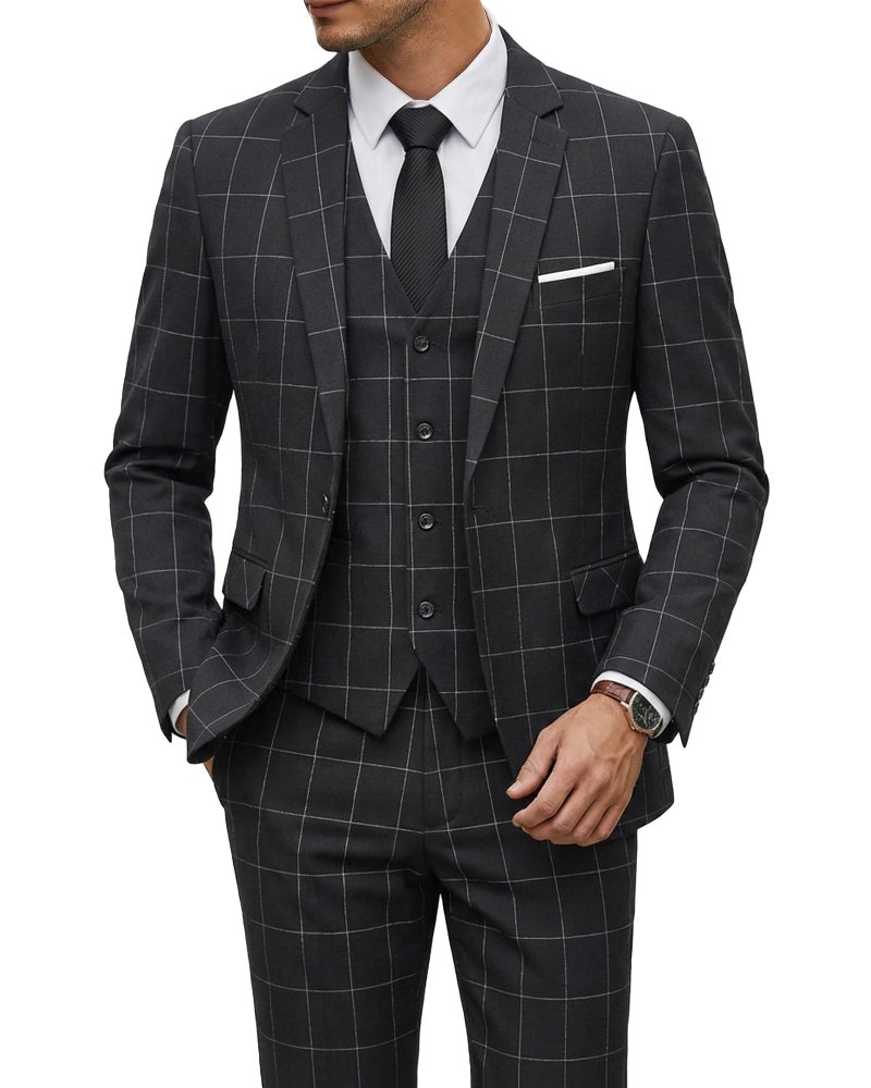 YND Men's Slim Fit One Button 3 Piece Suit Set, Blazer Jacket Vest Pants and Tie, Solid Wedding Dress Tux and Trousers Black - White Plaid - Image 1